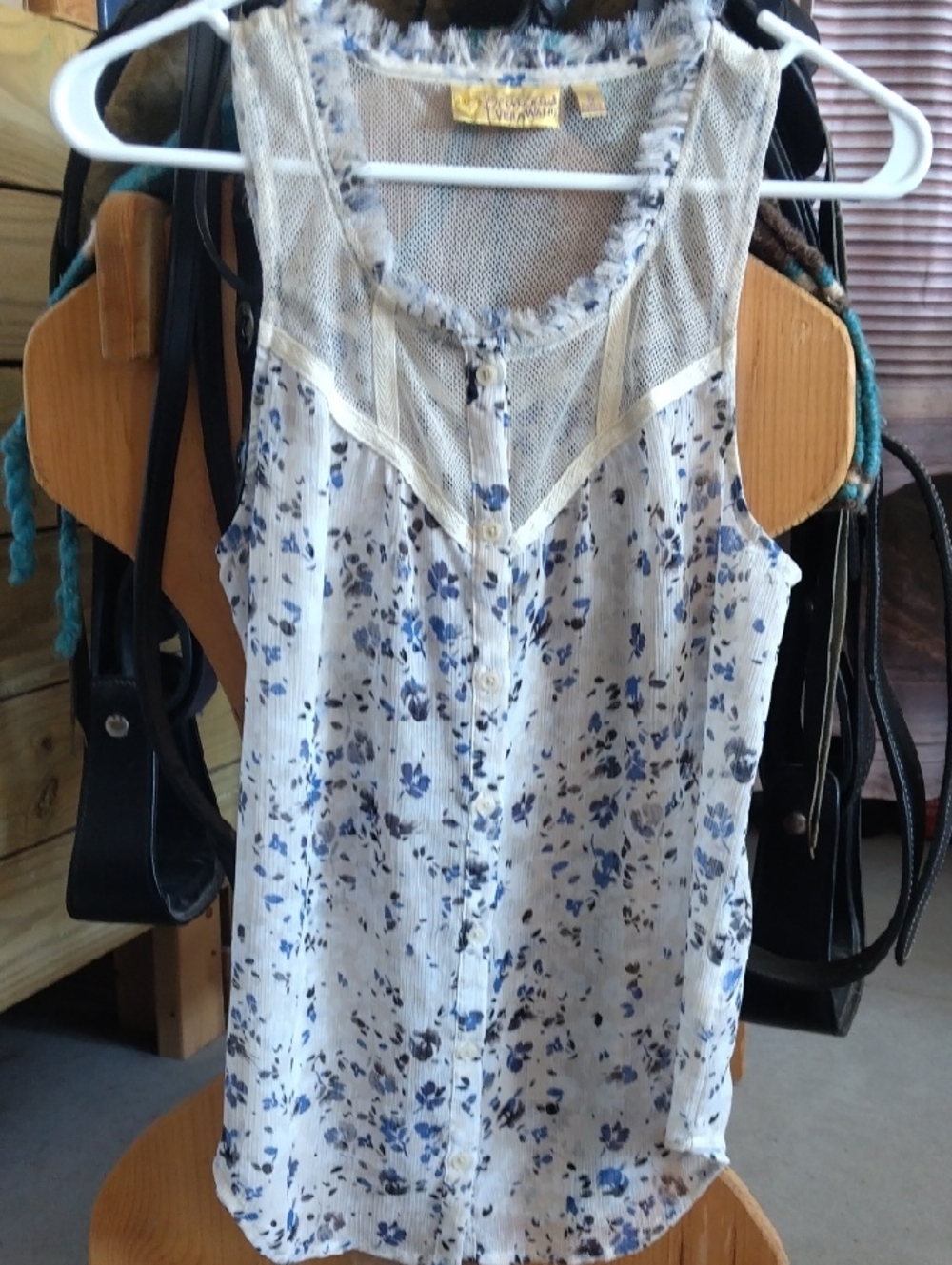princess vera wang Blue and White Floral Mesh-Yoke Button Front Camisole